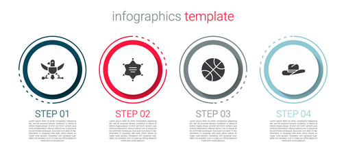 Fototapeta premium Set Eagle, Hexagram sheriff, Basketball ball and Western cowboy hat. Business infographic template. Vector.