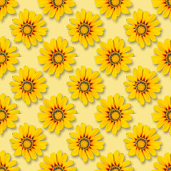 Fototapeta na wymiar Floral seamless pattern on a yellow background. Flat lay, top view. Yellow spring flowers.