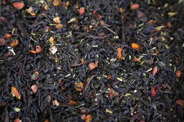 Dried black fruit tea mix background texture, natural ingredient for food cooking