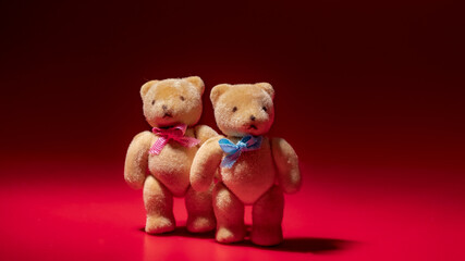 Close Up Aufnahme von zwei Spielzeug Bären, Junge und Mädchen