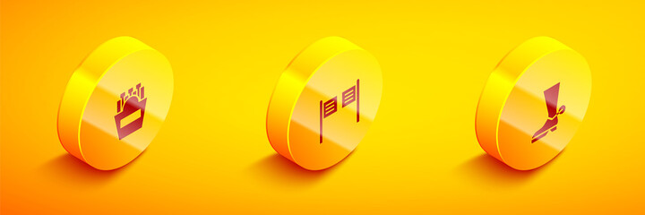 Set Isometric Potatoes french fries in box, Saloon door and Cowboy boot icon. Vector.