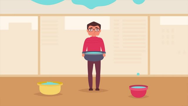 Leaking roof animation. A man stands with a bucket of water 2D