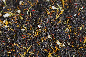 Dried black gray fruit tea mix background texture, natural ingredient for food cooking
