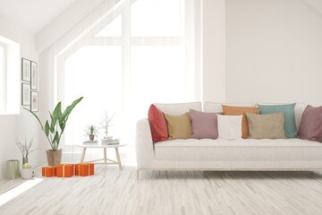 White living room with sofa. Scandinavian interior design. 3D illustration