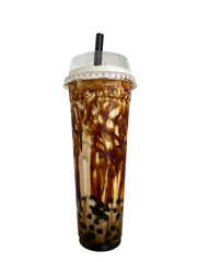 Taiwan milk tea with bubble Topped with brown sugar and cream sweet and refreshing. Asia delicious tapioca in a tall glass. isolated on white background with a clipping path.