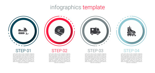 Set Snowmobile, Helmet, Ambulance and emergency car and Roller skate. Business infographic template. Vector.