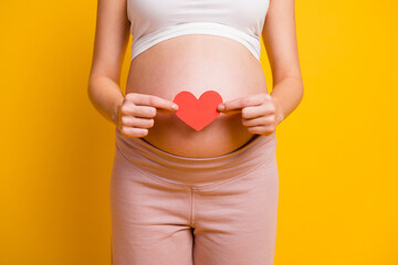 Cropped view of nice affectionate healthy pregnant woman holding in hands small heart sign isolated on bright yellow color background