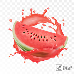 3d realistic transparent isolated vector, half of watermelon in a splash of juice with drops