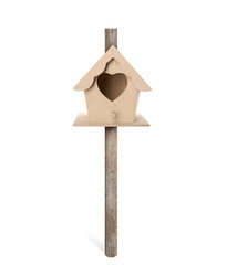 Beautiful wooden bird box isolated on white