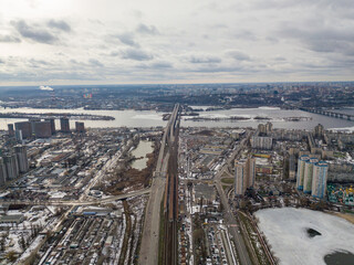 Railway in Kiev city. Aerial drone view. Cloudy winter day.