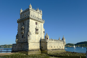 Fototapeta na wymiar Belem Tower (Portuguese: Torre de Belem) is UNESCO World Heritage Site on the bank of Tejo River at Belem district, Lisbon, Portugal. 