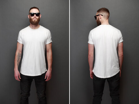 Hipster handsome male model with beard wearing white blank t-shirt with space for your logo or design over gray background (front and back view)