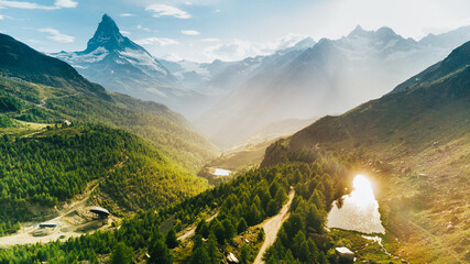 Matterhorn Mountain with white snow and blue sky in Zermatt city in Switzerland
