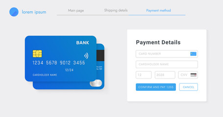 Web site page with payment details information form ui design. Browser window with online store internet purchase. Add credit card to web.