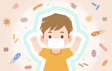 A strong healthy boy being protected from Viruses, Bacteria, Dust, Smoke, Germs With a mask illustration vector. Health Care Concept.