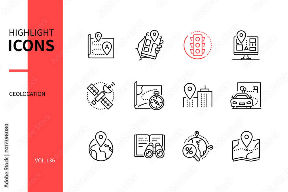 Poster geolocation - modern line design style icons set