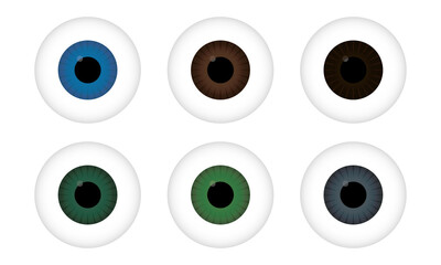 Realistic 3d human eyeball. Colored eye iris set on white background. Eye balls vector illustration