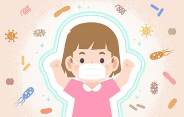 A strong healthy girl being protected from Viruses, Bacteria, Dust, Smoke, Germs With a mask illustration vector. Health Care Concept.