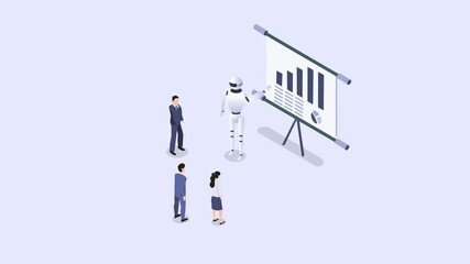 Robot discussing financial graph to his partners