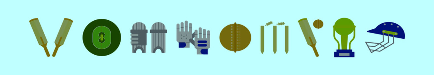 set of cricket equipments cartoon icon design template with various models. vector illustration isolated on blue background