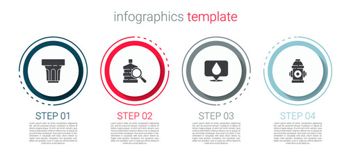 Set Glass with water, Big bottle clean, Water drop location and Fire hydrant. Business infographic template. Vector.