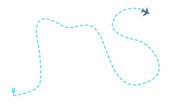 animation with aircraft takeoff and flight along a trajectory with one faulty engine with a successful landing at the destination. start and finish of the trip