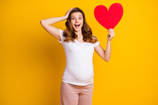 Photo of excited lady waiting baby dressed white clothes tummy holding big red paper heart isolated yellow color background