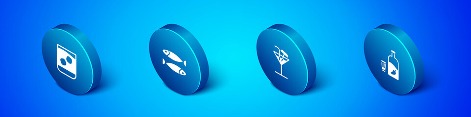 Set Isometric Glass of whiskey, Cocktail, Vodka with pepper and glass and Dried fish icon. Vector.