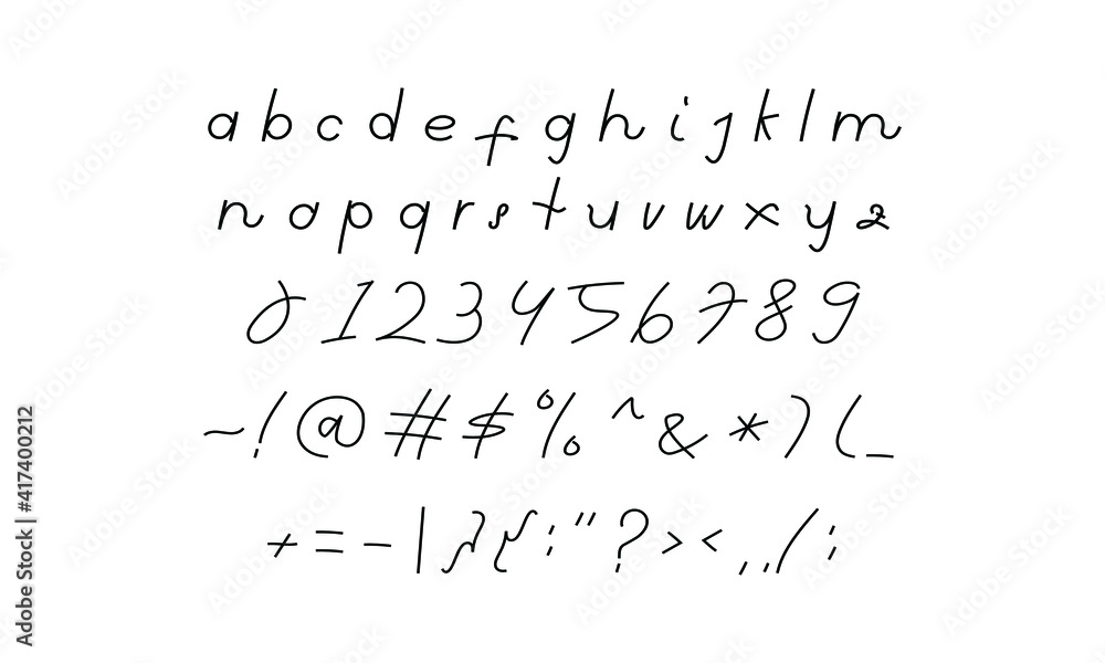 Poster hand writing font in vector design graphic. lowercase and regular alphabet, numeric, and symbols let