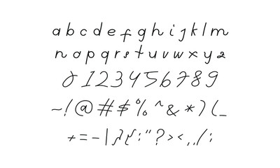 hand writing font in vector design graphic. lowercase and regular alphabet, numeric, and symbols letter illustration for book, note, magazine, poster, etc. modern handwritten typography.