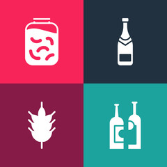 Set pop art Bottles of wine, Hop, Champagne bottle and Pickled cucumbers jar icon. Vector.