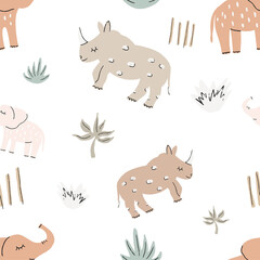 Cute funny safary seamless vector pattern with rhinos and elephants. Infantile style nursery Art with rhinoceros and bishops perfect for Fabric, Textile. Hand drawn modern illustration in boho colors