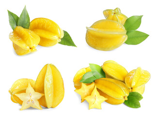 Set with delicious ripe carambola fruits on white background