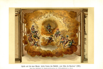 Apollo und die neun Musen, letzte Szene des Balletts Les Fétes de Bacchus (1651). Jean-Baptiste Lully