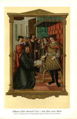 Guillaume Crétin überreicht Franz I. einen Band seiner Werke. Nach der Handschrift von Crétins Chronik