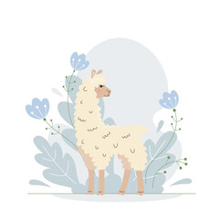 Vector cute animal. Nice little alpapca. Funny lama on a plant background.