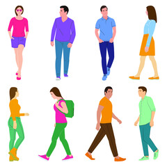 Women's and men's cartoons walking in the open air in the city. Plain color vector description