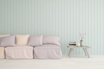 Soft color living room with sofa. Scandinavian interior design. 3D illustration