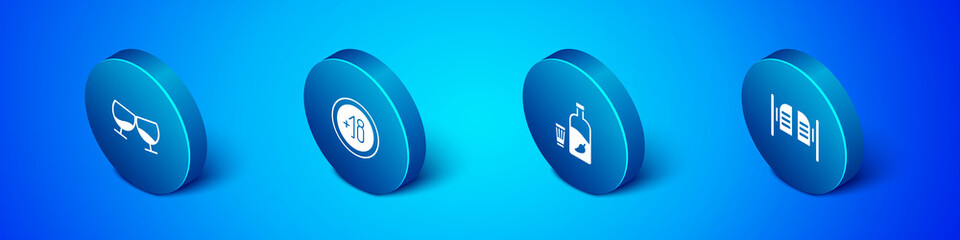 Set Isometric Glass of cognac or brandy, Vodka with pepper glass, Saloon door and Alcohol 18 plus icon. Vector.