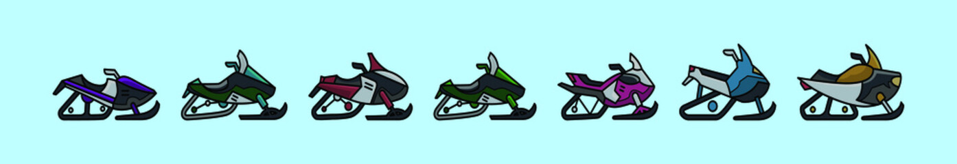 set of snow mobile cartoon icon design template with various models. vector illustration isolated on blue background