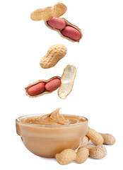 Delicious peanut butter in glass bowl on white background