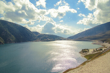 Deepest highland lake in the Caucasus Mountains. Scenic autumn landscape. Height 1870 m above sea...