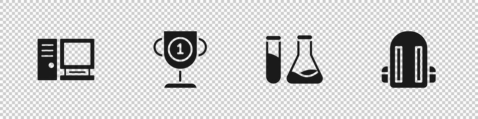 Set Computer monitor, Award cup, Test tube and flask and School backpack icon. Vector.