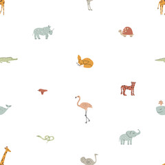 Cute funny safari animals seamless vector pattern. Infantile Style nursery art with cheetahs, foxes, elephants, rhinos, ostrich, giraffe, bird, whale ideal for fabric, Textile. Boho colors