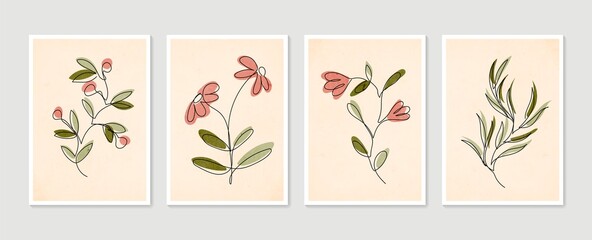 Fototapeta na wymiar Collection of contemporary one line art posters. Botanical wall art vector set. Minimal and natural wall art. Abstract Plant Art design for print, wallpaper, cover. Modern vector illustration.