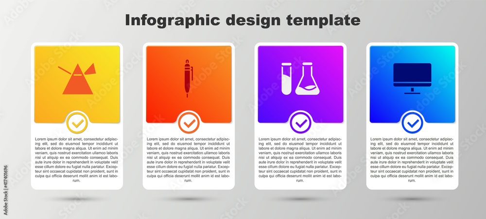 Poster set light rays in prism, pen, test tube and flask and computer monitor screen. business infographic 