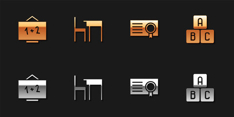 Set Chalkboard, School table and chair, Certificate template and ABC blocks icon. Vector.