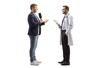 Full length profile shot of a male reporter interviewing a doctor