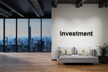 modern luxury loft with skyline view and single vintage couch, wall with investment lettering, 3D Illustration