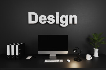 modern organized tidy clean office workspace with computer screen and dark concrete wall; design lettering; 3D Illustration